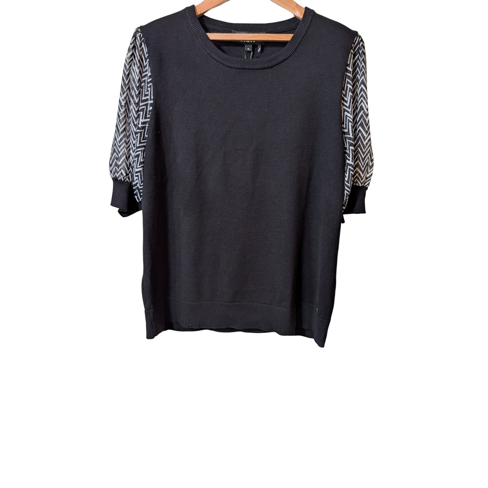 DKNY Womens Black Short Sleeve Chevron Puff Sleeve Knit Sweater Top XL NWT